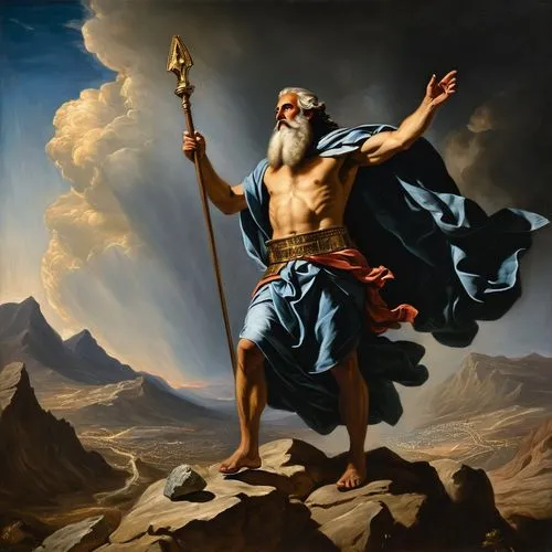 Realistic oil painting, biblical scene of Moses climbing Mount Sinai with the tablets of the law, by El Greco or Caravaggio, dramatic lighting and composition, intricate details in clothing and landsc