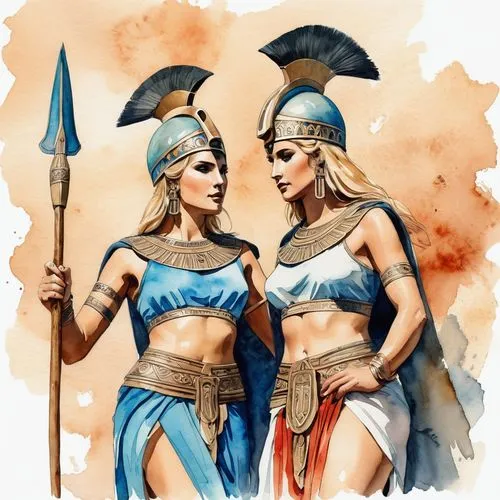 Two hot Cretan-Mycenaean priestesses blonde, Greece, Bronze Age, Minoan costume, embracing a spear, licking spearhead. ,hoplites,amazons,dacians,thracians,gladiators,huaylas,antiope,hoplite,varangians