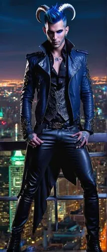 Mysterious blue-tiefling male, tall, slender, pointed ears, piercing emerald eyes, sharp facial features, spiky indigo hair, intricate silver tattoos on arms and chest, black leather jacket, white shi