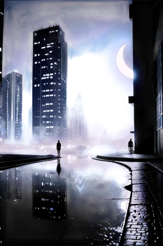 cartoon video game background,black city,city scape,night scene,blue rain,cybercity,darktown,futuristic landscape,cityscapes,moonwalked,urbanworld,fantasy city,nightscape,dreamfall,city at night,evening city,afterworld,3d background,dusk background,superhero background,Illustration,Black and White,Black and White 33