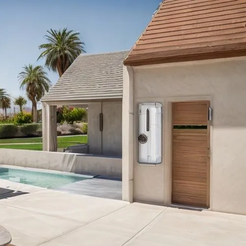 pool house,stucco wall,spa water fountain,cabana,cooling house,dug-out pool,decorative fountains,sprinkler system,the water shed,water feature,water fountain,water dispenser,smart house,palm springs,outdoor pool,drinking fountain,folding roof,luxury property,garage door,luxury real estate