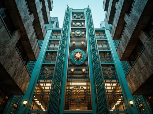 Glamorous skyscraper, ornate metalwork, geometric patterns, vibrant turquoise accents, luxurious marble surfaces, intricate moldings, symmetrical compositions, lavish ornamentation, metallic sheen, st