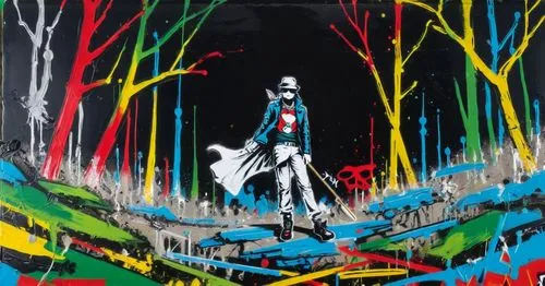 the colorful painting shows a man standing on some paint streaks,deforge,pettibon,faile,lemire,emshwiller,franquin,Conceptual Art,Graffiti Art,Graffiti Art 01