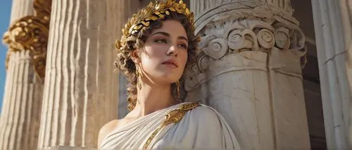 Greek goddess, mature lady, curly hair, laurel wreath, elegant makeup, draped white toga, gold accessories, column, architrave, frieze, ornate carvings, marble texture, ancient Greek temple, Doric col