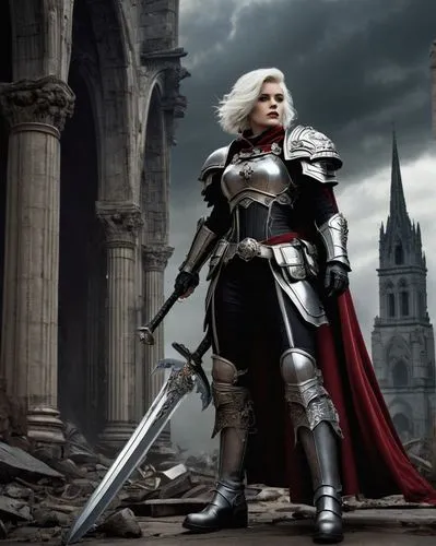 Elegant female warrior, Astartes, Warhammer 40k, power armor, ornate helmet, flowing silver hair, crimson lips, pale skin, intricate tattoos, Imperial Aquila emblem, bolter, sword, leather boots, cape