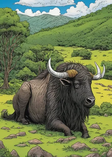 mountain cow,cape buffalo,bison,african buffalo,alpine cow,buffalo,horned cows,buffalo herd,buffaloes,aurochs,yak,buffalo herder,muskox,tribal bull,gnu,mountain cows,taurus,water buffalo,ox,oxen,Illustration,American Style,American Style 03