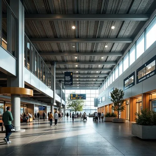 Functional airport terminal, sleek metal frames, rectangular shapes, minimalist decor, industrial materials, polished concrete floors, large glass windows, natural light, open spaces, efficient traffi