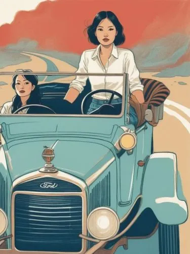 Line drawing of two human females in an old Ford car.,a woman driving a car as another women stands next to it,vintage illustration,sonatine,illustration of a car,delahaye,delage,vintage vehicle,Illus