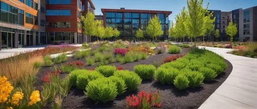 Modern Boise landscape architecture, sleek building design, mixed-use development, green roof, floor-to-ceiling windows, wooden accents, outdoor seating area, vibrant flower beds, lush trees, winding 