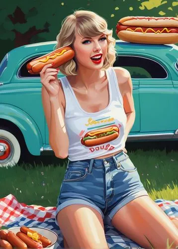 modern pop art,pop art style,cool pop art,food icons,hyperrealism,pop art girl,retro girl,pop art woman,swifty,retro woman,hotdogs,pop art,photorealism,fast food,tastee,hotdog,barbecue,ketchup,americana,declasse,Illustration,Vector,Vector 06