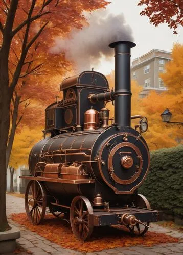 steam locomotive,wooden train,steam special train,steam locomotives,ghost locomotive,steam train,locomotive,steam engine,wooden railway,tender locomotive,autumn scenery,autumn camper,museum train,old train,autumn background,fall landscape,steam power,train engine,steam railway,heavy goods train locomotive,Illustration,Retro,Retro 17