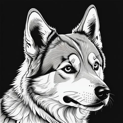 dog line art,dog illustration,dog drawing,welsh cardigan corgi,malamute,collie,Illustration,Black and White,Black and White 17