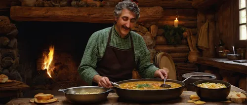 In a cozy mountain cabin, a chef creates a mouthwatering bowl of schnitzel chowder, delighting the guests.,dwarf cookin,cookery,hobbiton,cholent,dutch oven,coddle,ratatouille,southern cooking,irish st