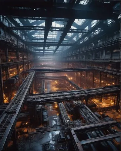 Industrial process, factory building, steel structure, complex pipes, mechanical arms, conveyor belts, control rooms, computer screens, futuristic lights, urban cityscape, night scene, dramatic lighti