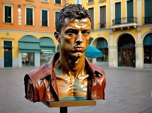  (art by Bruno Catalano)   bust of Ronaldo, hyperrealistic sculptures,  riotously colorful biomorphic forms, genitalia-adorned furniture, and pun-infused titles, an intellectual, conceptual, formal, a