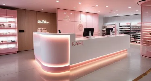 Based on the design of the cosmetics store checkout counter, the entire furniture on the right side is pink-tone terrajotile, the entire left side is finished in white gloss, and the bottom side is wa