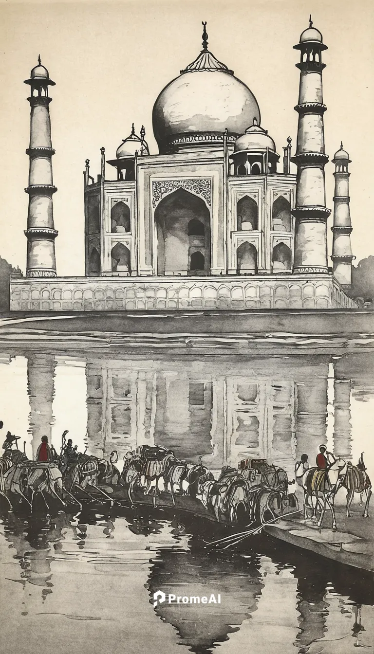 Taj Mahal.Agra.India.,tusche indian ink,water palace,water transportation,ganges,taj mahal,pedal boats,taj-mahal,indian art,lithograph,tajmahal,imperial period regarding,agra,july 1888,delhi,new delhi