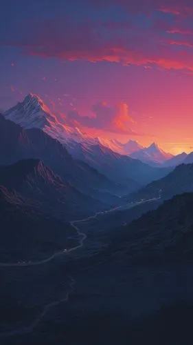 the sunset view of mountains and valleys in this painting,mountain sunrise,alpine sunset,the pamir mountains,himalaya,himalayas,the mongolian and russian border mountains,Conceptual Art,Fantasy,Fantas