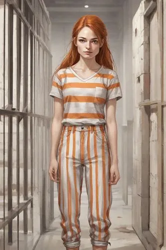 prisoner,prison,arbitrary confinement,david bates,in custody,queen cage,detention,shackles,captivity,horizontal stripes,handcuffed,chainlink,pajamas,orange,the girl in nightie,jumpsuit,isolated t-shirt,liberty cotton,orange robes,girl in a historic way,Digital Art,Character Design
