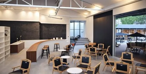 coffe cafe indoor ,outdoor ,mood and tone whith, brown, black, modern style, minimal, Stair Seating ,the waiting area with chairs and tables are equipped for business,collaboratory,modern kitchen inte