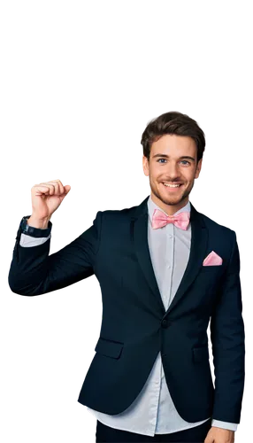 Man, pink bow tie, formal wear, solo, (30yo), handsome detailed face, smiling eyes, messy brown hair, clean-shaven, white dress shirt, black tuxedo, fitted waist, standing, confident pose, 3/4 composi