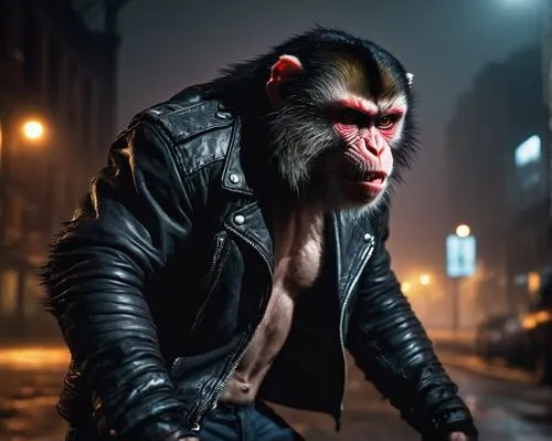 Red eyes, angry monkey, standing, aggressive posture, thick fur, muscular arms, sharp claws, torn jeans, black leather jacket, ripped sleeve, city street, night scene, dim lighting, foggy atmosphere, 