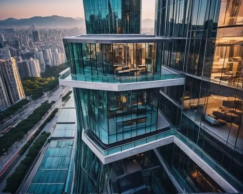 Modern skyscraper, futuristic architecture, sleek lines, glass facade, steel structure, cityscape background, busy streets, urban jungle, morning sunlight, soft shadows, 3/4 composition, cinematic lig