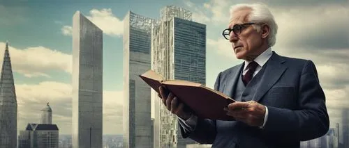 Kenneth Frampton, modern architecture, a critical history, architectural critic, bespectacled, white hair, suit, tie, holding a book, standing in front of a skyscraper, cityscape, urban landscape, ste