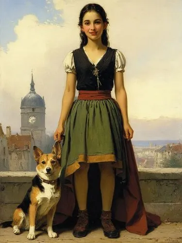 girl with dog,bouguereau,girl with bread-and-butter,zuercher,girl in a long dress,girl with a wheel,Art,Classical Oil Painting,Classical Oil Painting 32