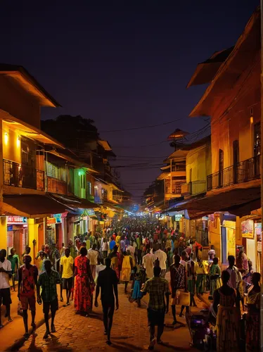 Describe the vibrant nightlife and bustling streets of Kampala.,benin,bangui,cameroon,ghana,the festival of colors,stone town,nigeria,kampala,rwanda,addis ababa,senegal,zanzibar,liberia,marketplace,ma