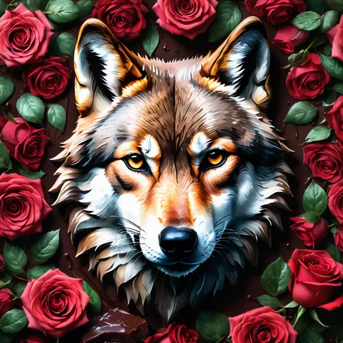 canine rose,with roses,red roses,bouquet of roses,scent of roses,european wolf,way of the roses,rose png,rose flower illustration,roses,wolf,petal of a rose,red rose,noble roses,valentines day background,dog-roses,floral background,rose bouquet,digital painting,romantic rose,Photography,General,Fantasy