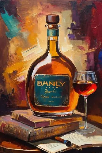 Luxury brandy bottle, ornate label, heavy glass, rounded body, narrow neck, golden liquid, subtle shine, sophisticated atmosphere, dimly lit background, velvet tablecloth, leather armchair, cigar box,