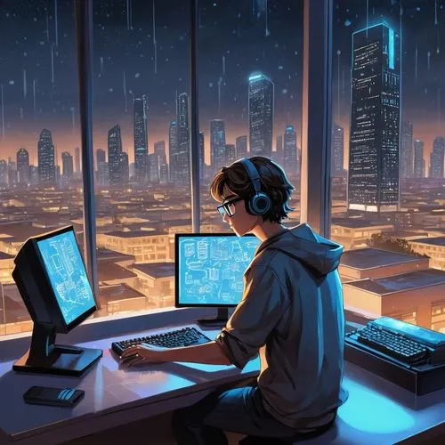 Free online AI image generation, futuristic laboratory, sleek modern interior, rows of high-tech computer servers, neon blue lights, holographic screens, robotic arms assembling circuit boards, a gian