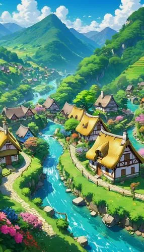 butka,yamada's rice fields,mountain village,alpine village,aurora village,landscape background,popeye village,idyllic,japan landscape,machico,knight village,korean folk village,kanto,yazaki,kotoinazuma,ghibli,nakama,home landscape,japanese sakura background,kaitos,Illustration,Japanese style,Japanese Style 03