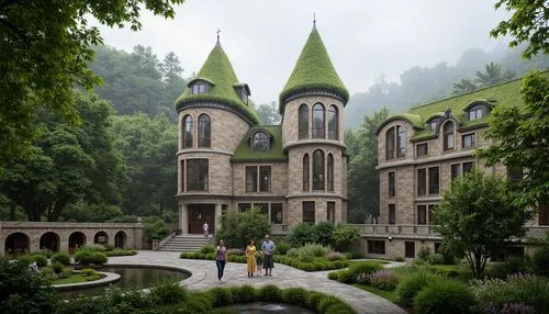 Majestic Gothic healthcare center, lush green roofs, verdant courtyards, natural stone walls, stained glass windows, grand arches, intricate carvings, serene water features, walking trails, native pla