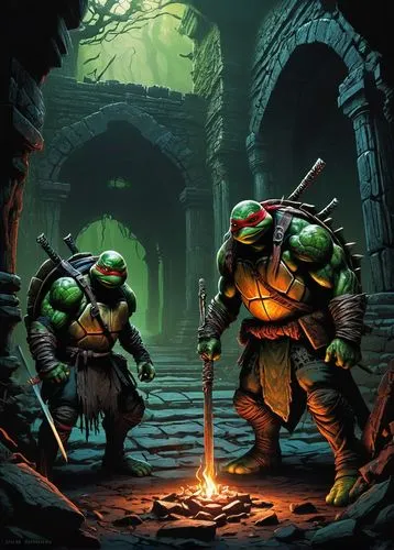 battletoads,tmnt,goblins,warrior and orc,hobgoblins,guards of the canyon,kobolds,toads,turtles,adventurers,klebolds,raphael,game illustration,gruntal,orcs,dungeons,underdark,lizardmen,lizardfolk,halflings,Illustration,Realistic Fantasy,Realistic Fantasy 25