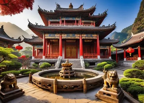 asian architecture,buddhist temple,lijiang,wudang,hall of supreme harmony,yunnan,hushan,xiangshan,qinshan,buddha tooth relic temple,tianfu,hengshan,hengdian,yangshao,huangshan,guishan,wenchuan,xingshan,emei,guizhou,Illustration,American Style,American Style 04