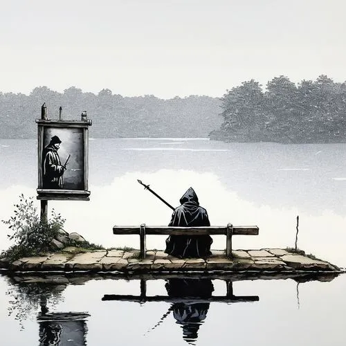 poster, Banksy : See the mourning exile sitting by the lake. His cloak is ragged, his stomach cramped. Does he cry for fallen friends, for tankards never to be raised again to the long rafters? Where 