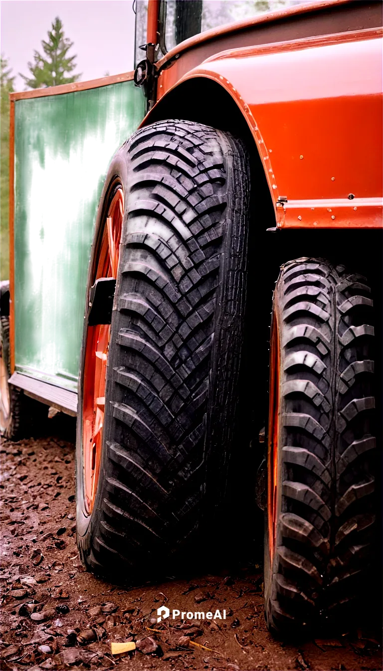 Trailer, rustic metal exterior, wooden panels, old-fashioned lantern, worn-out tires, muddy wheels, chrome bumper, silver headlights, morning dew, soft sunlight, 3/4 composition, shallow depth of fiel