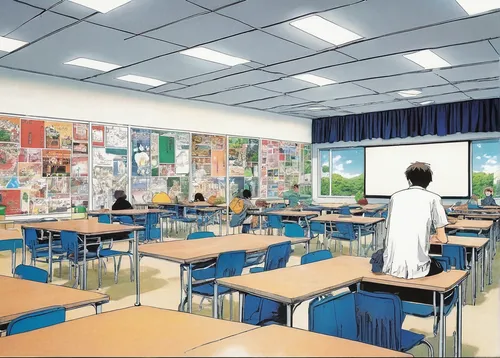 Imagine a romantic manga story set in a high school, where two classmates overcome obstacles to confess their feelings.,class room,classroom,school design,examination room,tsumugi kotobuki k-on,lectur