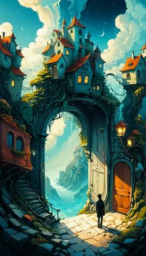 cartoon video game background,studio ghibli,fantasy city,3d fantasy,fantasy landscape,ghibli,fantasy world,background design,fantasy picture,game illustration,meteora,escher village,fantasy art,magical adventure,fantasia,miyazaki,bird kingdom,dream world,imaginationland,yazaki,Conceptual Art,Fantasy,Fantasy 21