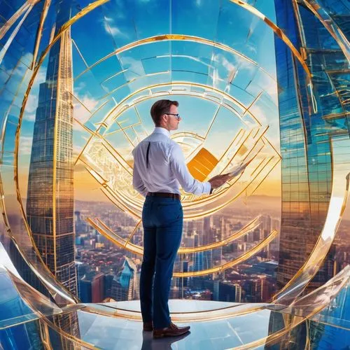 Modern architect, male, 30s, glasses, short brown hair, white shirt, black tie, blue jeans, standing, holding a model of a futuristic skyscraper, geometric shapes, symmetry, golden ratio, Fibonacci se