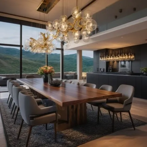 LARGE WINDOWS WITH VIEWS DOWN A HILL,dining room,luxury home interior,breakfast room,modern kitchen interior,dining room table,dining table,kitchen & dining room table,modern kitchen,modern decor,cont