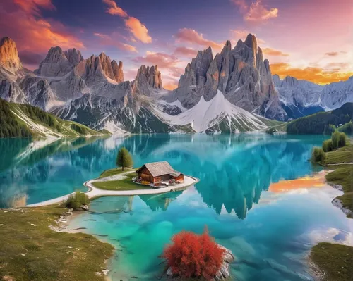 lake misurina,fantasy landscape,dolomites,fantasy picture,dolomiti,south tyrol,landscape background,3d fantasy,the sesto dolomites,lago di limides,italy,alpine lake,beautiful landscape,lago federa,fantasy art,heaven lake,landscapes beautiful,panoramic landscape,landscape mountains alps,nature landscape,Illustration,Abstract Fantasy,Abstract Fantasy 13