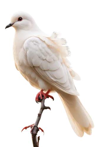 White transparent dove, solo, delicate wings, gentle eyes, soft feathers, perched, standing on one leg, morning dew, subtle light, close-up composition, shallow depth of field, pastel color tone, PNG 