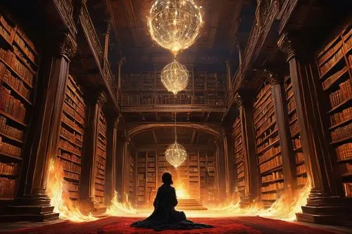 Ancient, mysterious library, grand, majestic, high ceiling, ornate chandelier, dim warm lighting, rows of tall bookshelves, leather-bound books, scrolls, magical artifacts, crystal balls, intricate wo