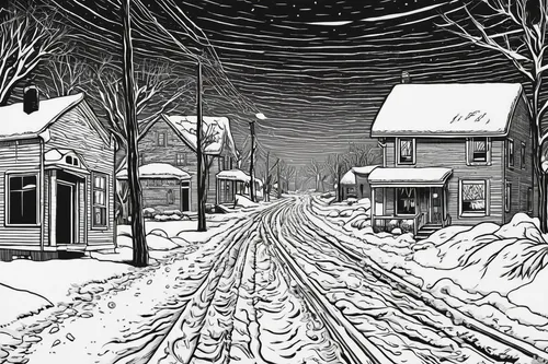 Create a suspenseful tale where a Windego terrorizes a small town during a blizzard.,streetcar,mono-line line art,snowstorm,mono line art,vanishing point,snow drawing,cool woodblock images,snow scene,