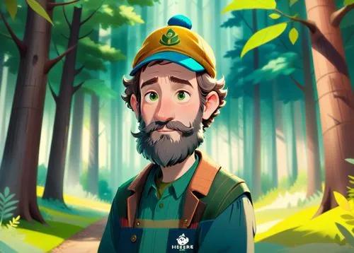 A 50 year old man, he is a forester, he is wearing an blue cap with a logo on it, his beard is greay and chesnuts colored, he is wearing forester clothes green and brown colored, he has a few rickles 