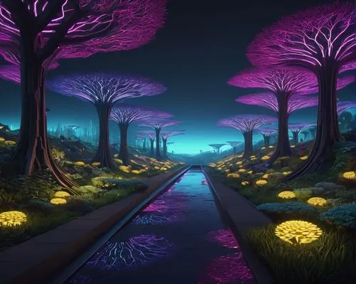 mushroom landscape,cartoon forest,fairy forest,futuristic landscape,pathway,forest path,dark park,purple landscape,elven forest,forest road,virtual landscape,tree grove,forest glade,butterfields,forest of dreams,haunted forest,fairy world,the forest,alien world,calydonian,Conceptual Art,Oil color,Oil Color 16