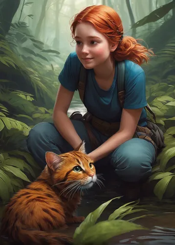 ritriver and the cat,red tabby,forest animals,woodland animals,firestar,little fox,zookeeper,cub,forest animal,tiger cub,child fox,world digital painting,game illustration,felidae,digital painting,sci fiction illustration,pet,red eft,kids illustration,ginger cat,Conceptual Art,Fantasy,Fantasy 17